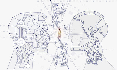 Innovations systems connecting people and robots devices. Future technologies in automatics cyborg systems and computers industry from awesome internet developments. Geometry style with linear pictogr