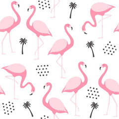 Tropical seamless pattern with flamingo and exotic leaves. Vector illustration