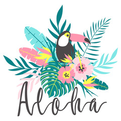 Toucan with tropical flowers, palm leaves, hibiscus, vector illustration