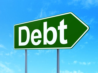 Currency concept: Debt on green road highway sign, clear blue sky background, 3D rendering