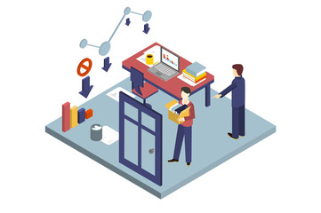 Boss dismissing employee, modern office interior vector illustration
