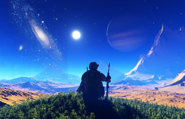 A soldier in the background of the starry sky.,3d render