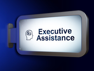 Finance concept: Executive Assistance and Head With Finance Symbol on advertising billboard background, 3D rendering