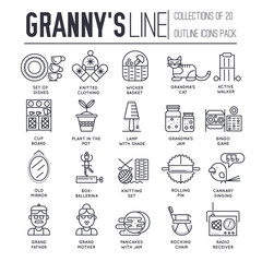 Grannys day thin line icons design illustration set. Flat outline old character people and adult items background concept. Vector elderly grandmother and grandfather house 