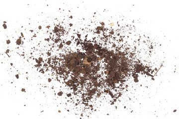 Pile of soil, dirt isolated on white background, top view