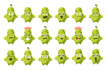 Cactus characters big set, funny cacti with different emotions vector illustration