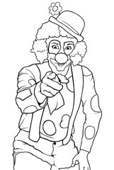 Black and White Happy Clown Pointing - Funny Illustration, Vector