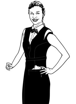 Smiling Waitress in Uniform - Black and White Sketch Illustration, Vector