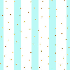 Golden dots seamless pattern on blue striped background. Splendid gradient golden dots endless random scattered confetti on blue striped background. Confetti fall chaotic decor.