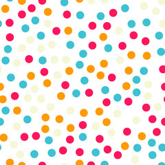 Colorful polka dots seamless pattern on white 18 background. Delightful classic colorful polka dots textile pattern. Seamless scattered confetti fall chaotic decor. Abstract vector illustration.