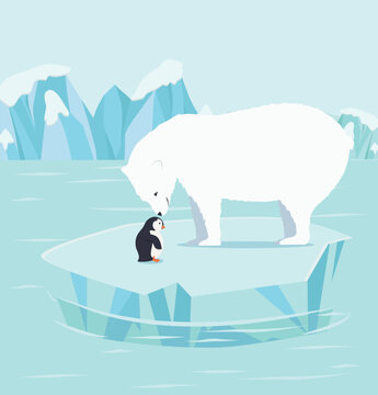 polar bears and penguins on an iceberg at North pole Arctic