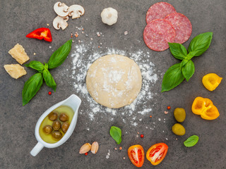 Fototapeta na wymiar The ingredients for homemade pizza with ingredients sweet basil ,tomato ,garlic ,bay leaves ,pepper ,onion and mozzarella cheese on dark stone background with flat lay.