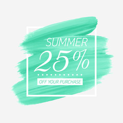Summer sale 25% off sign over art brush acrylic stroke paint abstract texture background vector illustration. Perfect watercolor design for a shop and sale banners.