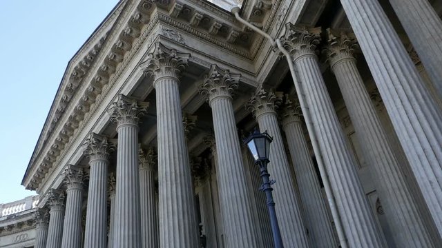 St. Petersburg, Russia, 19 March 2018,  colonnade Ionic order and portico of Kazan Cathedral, low angle of view up