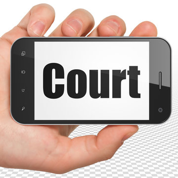 Law concept: Hand Holding Smartphone with black text Court on display, 3D rendering