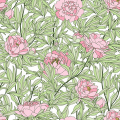 Seamless pattern with peonies and many green leaves on a white background.