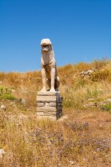 Terrace of the Lions, the famous symbol of Archaeological Site of Delos, Delos Island, Cyclades, Greece