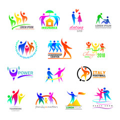 Abstract people icon vector person sign on logo of teamwork in business company or fitness logotype with sportsman winner and silhouette of lovely family illustration set isolated on white background