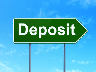 Money concept: Deposit on green road highway sign, clear blue sky background, 3D rendering