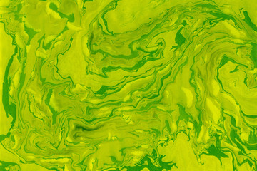 Fototapeta na wymiar Suminagashi marble texture hand painted with lime ink. Digital paper 764 performed in traditional japanese suminagashi floating ink technique. Beautiful liquid abstract background.