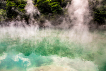 A close view of the jade-like hot spring at Beitou Thermal Valley, which is releasing sulphuric...