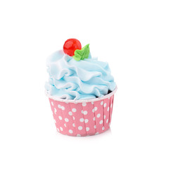 Tasty Birthday cupcake on yellow color background