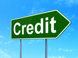 Business concept: Credit on green road highway sign, clear blue sky background, 3D rendering