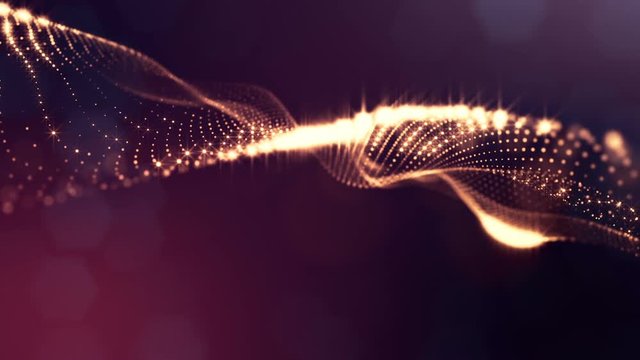 Virtual space with depth of field. Looped holographic background with particles form lines, surfaces, grid. Gold particles v13