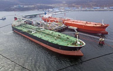 Aerial view of Oil tanker ship loading in port,