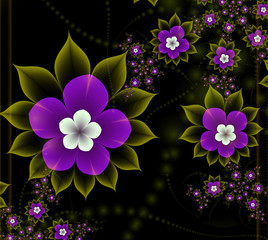 Digital fractal 3D design.Flower card.Purple flowers on dark background.