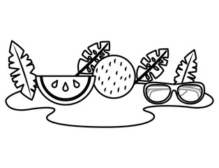 beach sand watermelon coconut sunglasses and palm leaves vector illustration