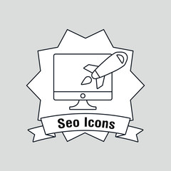 Seo design with computer and rocket  over decorative frame and gray background, vector illustration