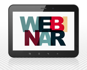Education concept: Tablet Pc Computer with Painted multicolor text Webinar on display, 3D rendering