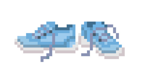 Blue sport shoes, pixel art icon isolated on white background. Old school 8 bit slot machine pictogram. Retro 80s; 90s video game graphics. A pair of sneakers.