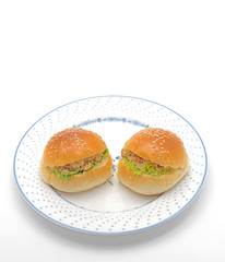 Mini Tuna Burgers on Plate Isolated on White Background