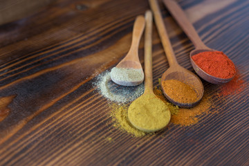 Various kind of spices in wooden spoon