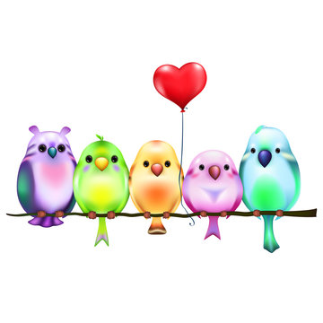 funny colored cartoon birds sitting on branch with red heart balloon