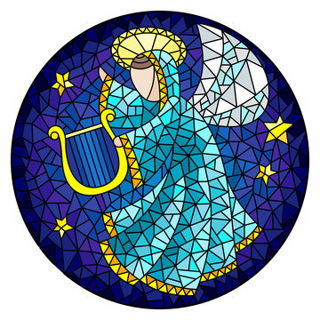 Illustration in stained glass style with an abstract angel in pink robe play the harp , round picture