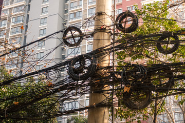 Interwined Electric Wires on  City Street in Xi'an, China, March 2018
