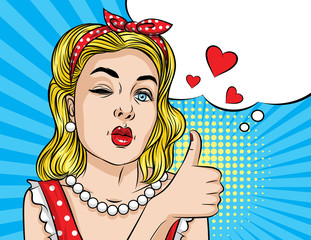 Vector retro illustration of pop art comic style beautiful woman in glasses pointing with her finger up. A Vintage poster of a winking girl showing a gesture