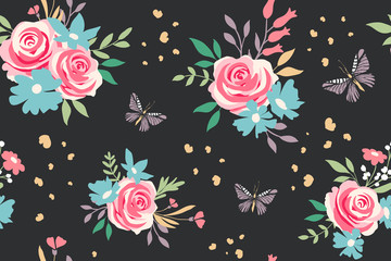 Seamless pattern with flowers and butterfly. Vector floral background - 199414118