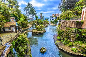Panoramic view of tropical garden in summer season. Madeira island, Portugal