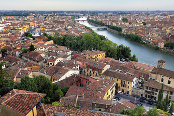 Verona, Italy - Panoramic view of the Verona historical city center and Adige river