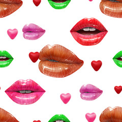 Seamless pattern of colorful sexy lips. Vector lipstick or lip gloss 3d realistic design. Fashion illustration