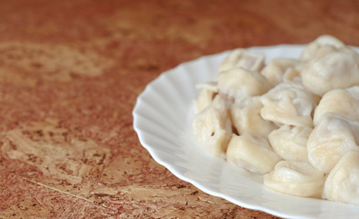 Dumplings on a plate on wooden table.