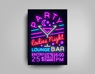 Cocktail Party poster neon. Flyer template design in neon style. Ladies Night Cocktail Party Dance Invitations, Light Banner, Bright Brochure Nightlife, Nightly Neon Advertising. Vector illustration