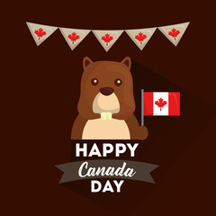happy canada day - beaver holding flag pennant decoration vector illustration