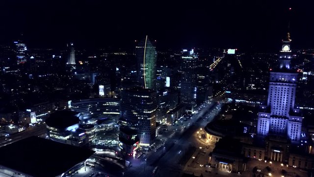 Panorama of Warsaw downtown at night time. Warsaw is a capital of Poland, Europe. Aerial
