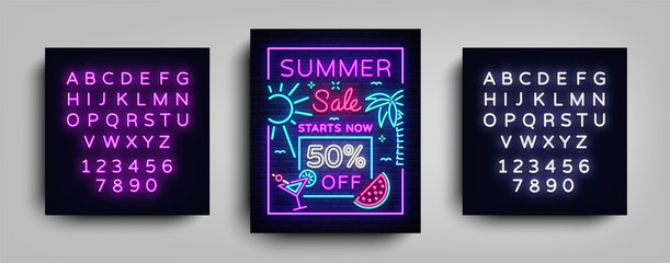 Fototapeta na wymiar Summer sale poster in neon style. Design Template, Summer Sale Neon Sign, Summer Discounts, Light Banner, Light Brochure, bright advertising Discount. Vector illustration. Editing text neon sign