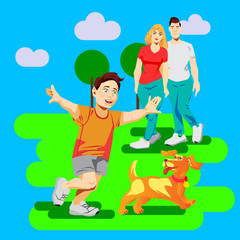 Obraz na płótnie Canvas Flat vector illustration with family play with dog